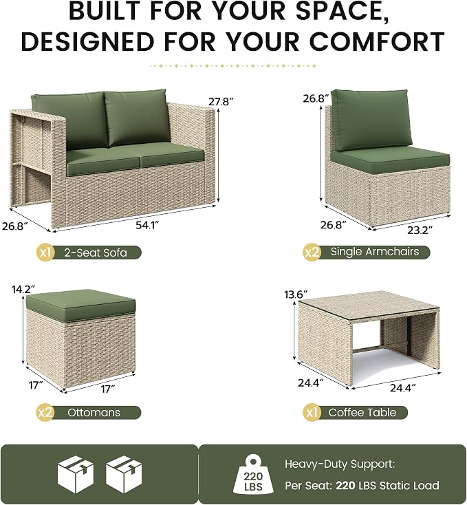 Amopatio Patio Furniture Set, All-Weather Wicker Outdoor Conversation Set with Glass Coffee Table, Cushions & Ottomans for Deck Backyard Porch Lawn Green