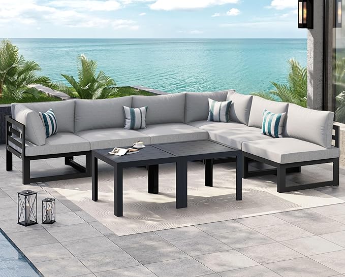 NICESOUL 8 Piece Extra Large Modern Aluminum Outdoor Sofa, 29" Deep Wide Seating, 500 lbs Durable Sectional Set for Heavy People, Rust Resistant Patio Furniture Set for Backyard Poolside, Light Gray