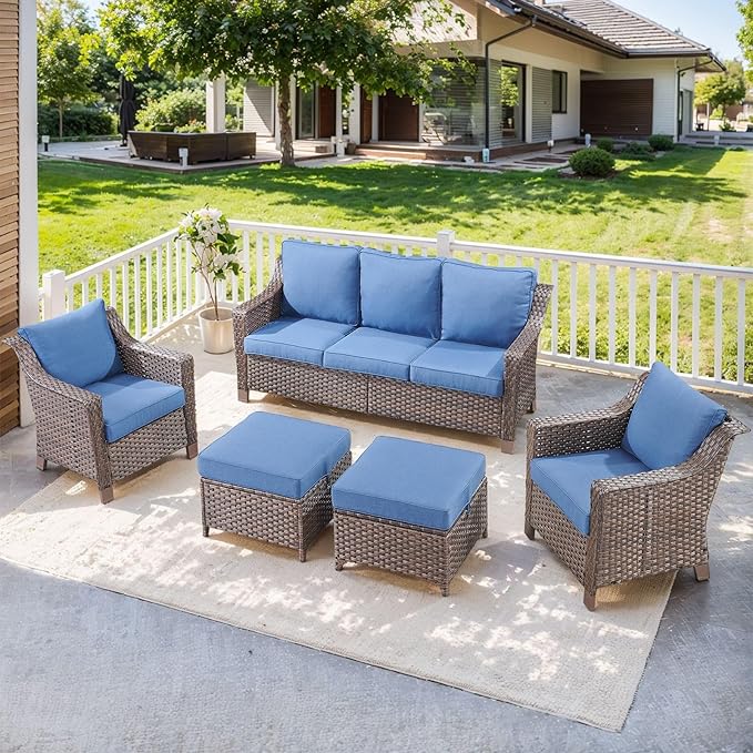 5 Pieces Wicker Patio Furniture Set-Outdoor High Back Sofa with Rattan Wicker Chairs Outdoor Furniture for Porch Garden Backyard Poolside-Brown/Blue