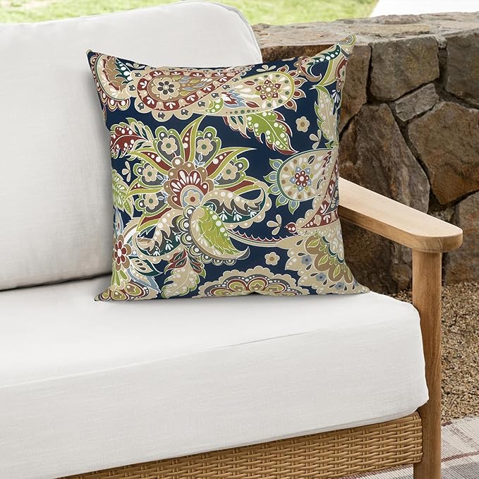 Outdoor Throw Pillows 16x16 Inch, Water Repellent Patio Pillows with Inners Set of 2 for Patio Furniture Home Graden, Paisley Sapphire Blue