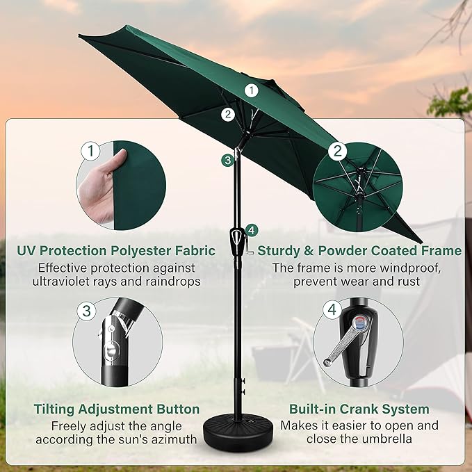 Simple Deluxe 7.5ft Patio Umbrella Outdoor Table Market Yard Umbrella with Round Umbrella Base Stand for Garden, Deck, Backyard, Pool, Green