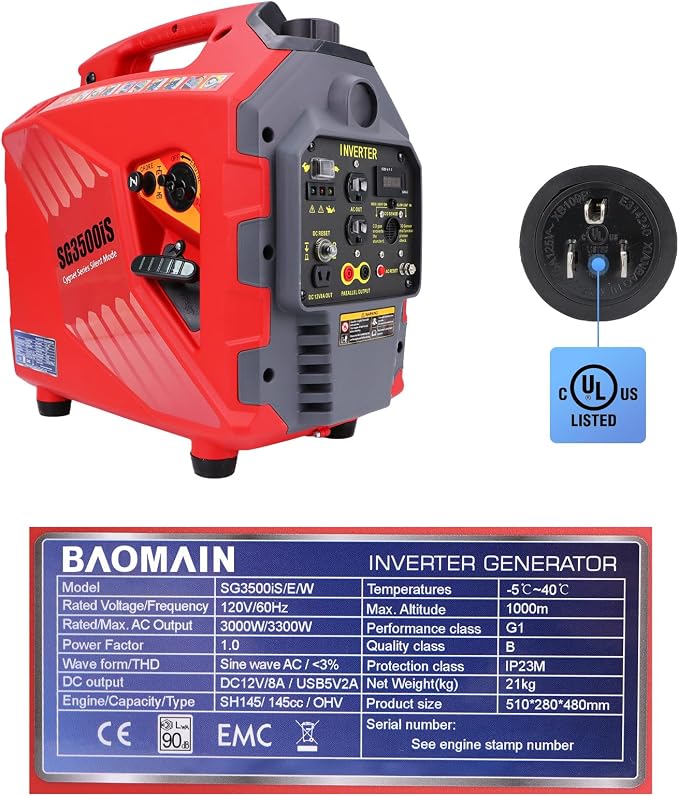 BAOMAIN 3300W Gasoline Generator, Gas Powered, 3000W Rated, UL 2201 Standards for CO Safety, EPA Certified, Quiet 58dB, Pure Sine Wave, Outdoor Power Equipment