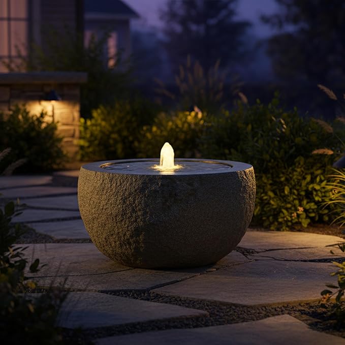 Sunnydaze Outdoor Water Fountain with LED Light - Polystone Round Bowl Bubbler Water Feature with Pump - 9.5" H - for Patio, Garden, Deck, Relaxation and Stress Relief - Gray