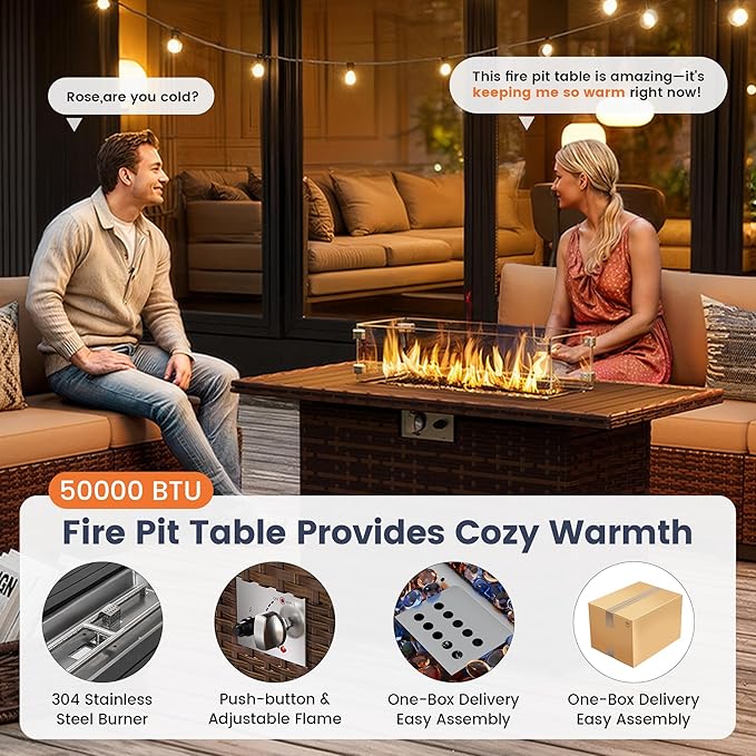 UDPATIO Furniture Set with Fire Pit Table, 8 Piece Sectional Sofas, All-Weather Wicker Conversation for Garden, Backyard, Khaki
