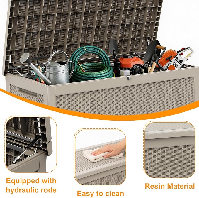 320 Gallon Heavy Duty Wicker Outdoor Storage Box, Weather Resistant Rattan Textured Lockable Large Container for Backyard, Pool & Patio Bulk Outdoor Item Storage (Grey,320GAL)