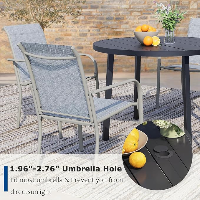 9 Pieces Patio Dining Set for 8, Beige Blue Patio Stackable Chairs and Black Round Table Set of 8, Outdoor Furniture Set with Sling Support for Outside, Garden