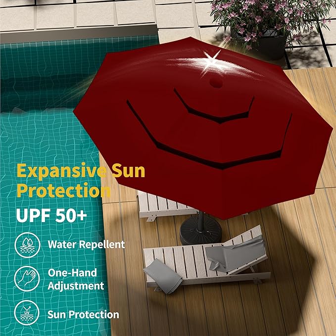 Kingdura 9ft 3-Tier Patio Umbrella with Solar Lights, Table Umbrella Outdoor Patio with Easy Crank & Tilt, 8 Sturdy Ribs, UV Protection, 32 LED Lights for Deck, Poolside, Market (Dark red)