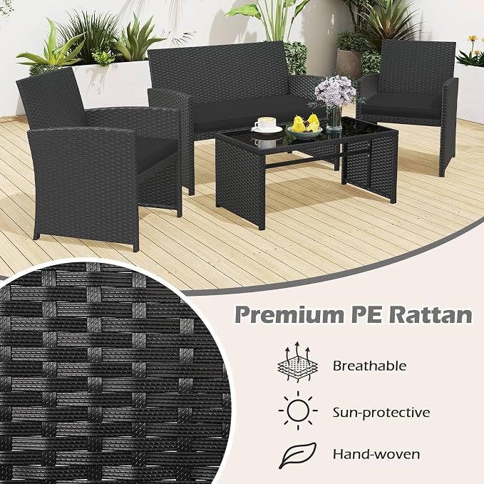 RELAX4LIFE 4-Piece Patio Furniture Set - Wicker Rattan Outdoor Sectional Sofa Set w/Glass Coffee Table, Loveseat, 2 Chairs & Soft Cushions, Bistro Conversation for Garden Porch (1, Black-Black)