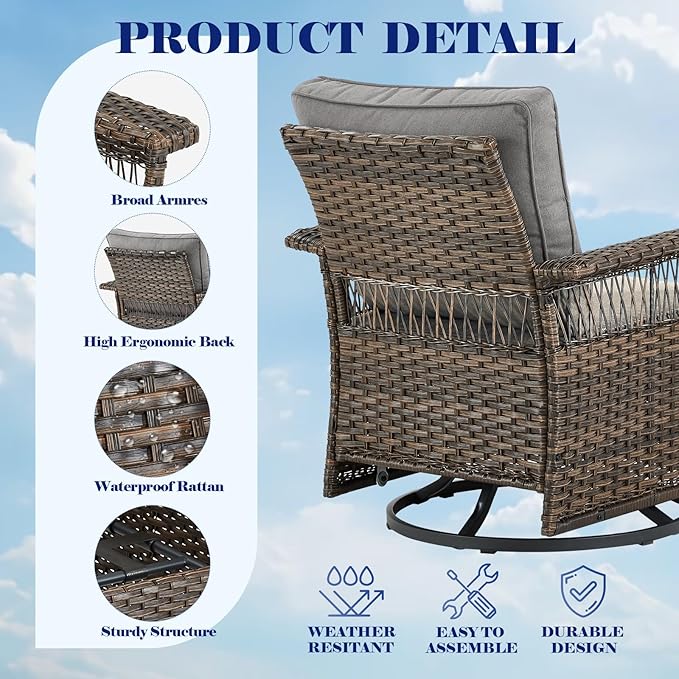 Outdoor Wicker Patio Furniture Set - 5 Piece Rattan Patio Conversation Sets with 2 Swivel Rocking Chairs,2 Ottomans and 1 Side Table for Porch Deck Garden(Brown/Grey)