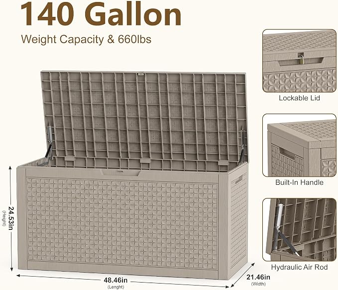 140 Gallon Outdoor Storage Box, Large Resin Deck Box, Waterproof Lockable Storage Container, Storage Bins with Lids for Patio furniture, Garden Tools, Grey