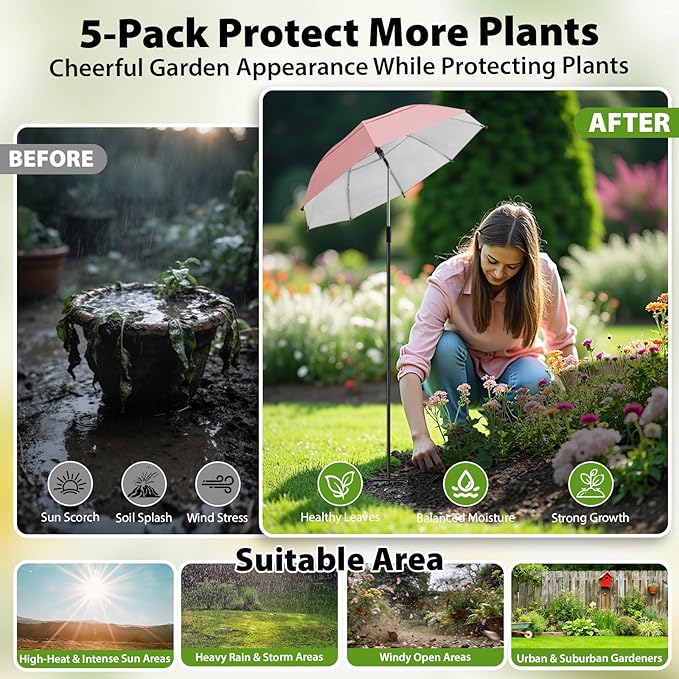 Plant Umbrellas, 5Pack 360°Adjustable Garden Umbrella for Outdoor Plants,24” Large Sun Shade for Garden Beds Potted Plants, 47.8" High Plant Shade Cover Umbrellas for Sun-Sensitive Plants