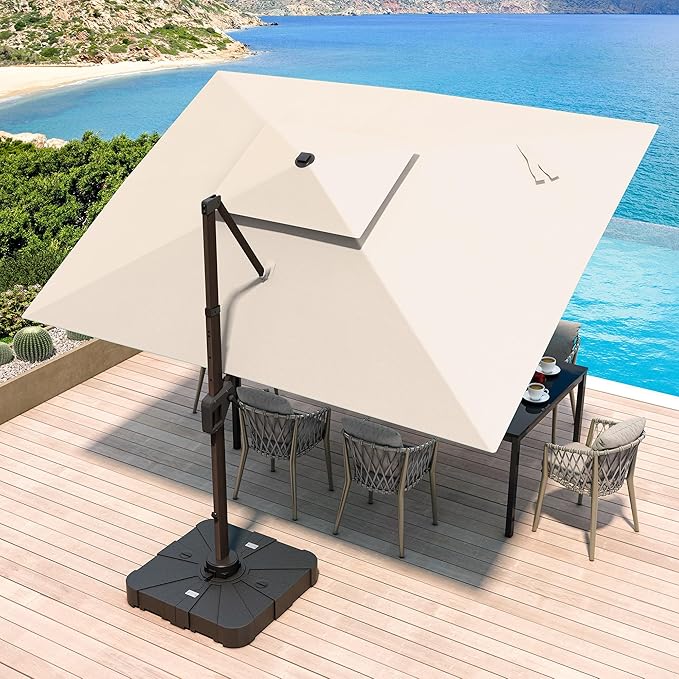 JZAC & QZYD 10X13 FT Outdoor Cantilever Patio Umbrella with Base Included and LED Lights, Large Heavy Duty 2-Tier Aluminum Offset Umbrellas with 360-Degree Rotation for Pool Deck, Beige