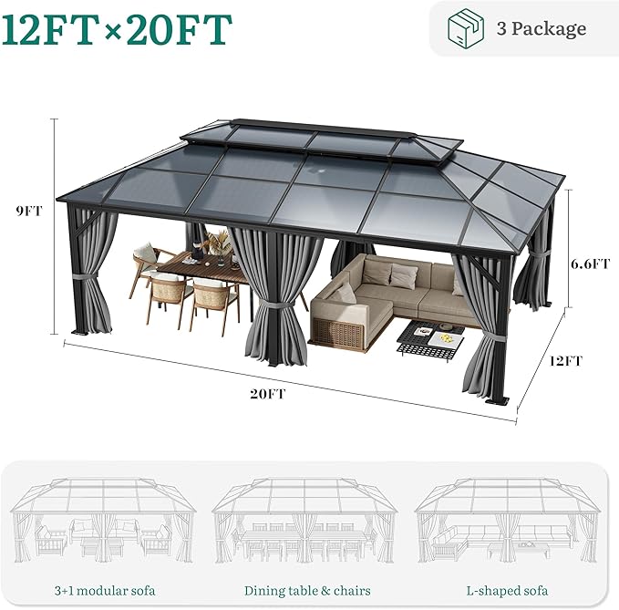 YITAHOME 12x20FT Gazebo Polycarbonate Hardtop Double Roof Canopy Outdoor with Netting and Shaded Curtains, Metal Frame Garden Tent for Patio, Backyard, Deck and Lawns, Grey