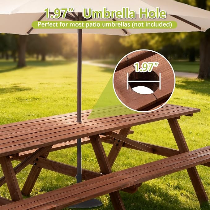 94.5'' Large Outdoor Dining Table, Rectangular Wooden Patio Dining Table & 2 Built-in Bench for 12, 2" Umbrella Hole, Suitable for Backyard Garden Porch, Brown