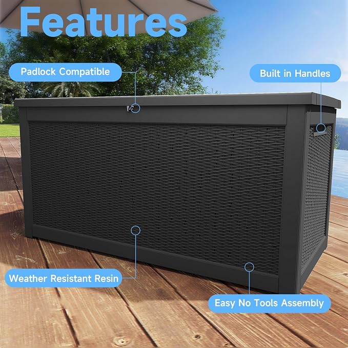 Large Outdoor Storage Box Waterproof, UV Resistant Resin Deck Box for Patio Furniture,Garden Tools,Cushions (Black, 320 Gallon)