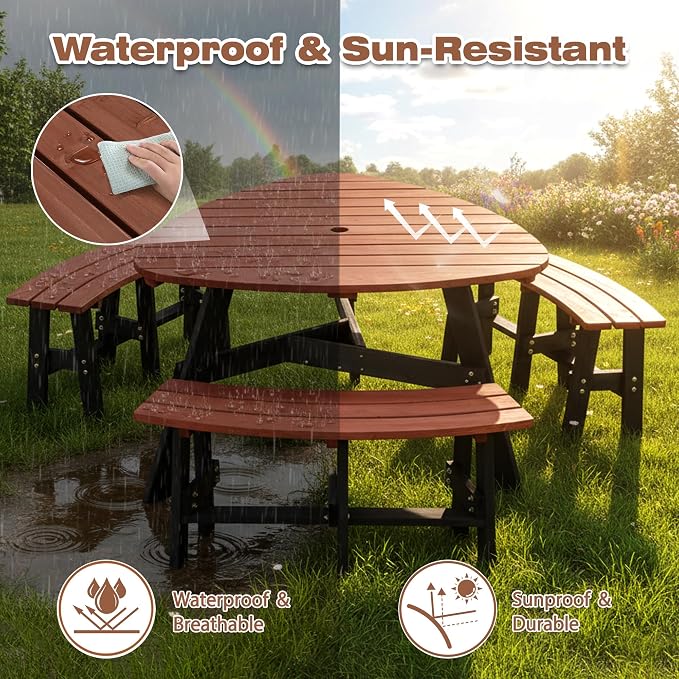 6 Person Wooden Picnic Table, Outdoor Picnic Tables with 3 Built-in 500 LBS Benches, Circular Camping Dining Table and Chairs Set with Umbrella Hole for Garden, Patio, Backyard