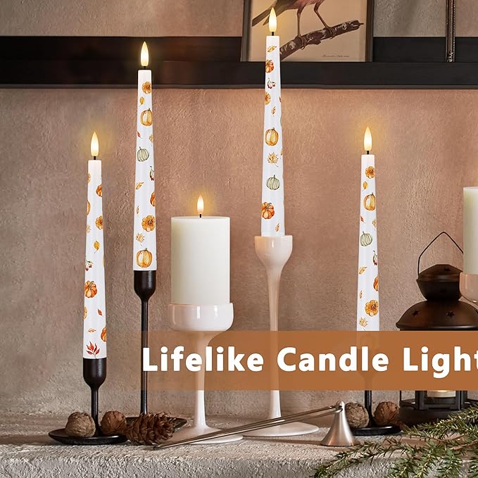 Fall Flameless Taper Candles, Pumpkin & Maple Leaf Battery Operated Candles with Remote, Real Wax Autumn Led Candlesticks, Fall, Harvest, Thanksgiving, Halloween Decorations for Home Party