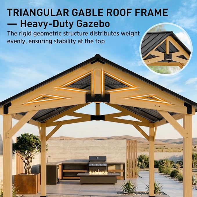 EAGLE PEAK 13x15 Hardtop Gazebo, Exposed Beam Rustic Gazebo, Galvanized Steel Gable Roof with Cedar Wood Frame, Outdoor Pavilion for Patio, Deck, Lawn and Garden Natural Wood/Black