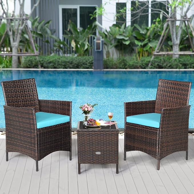 COSTWAY 3 Pieces Patio Rattan Furniture Set, Outdoor Wicker Cushioned Sofa with Tempered Glass Tabletop, Rattan Conversation Set for Porch Yard Balcony Backyard Pool, Turquoise