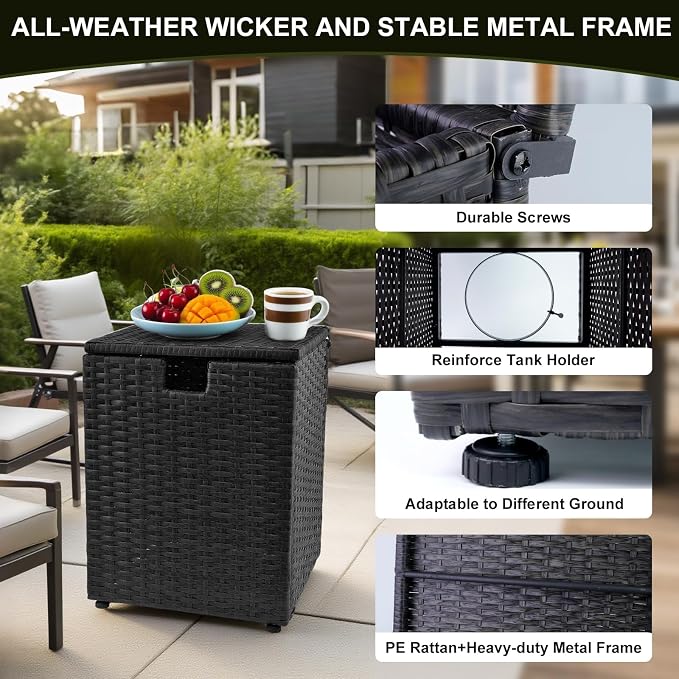 20 LB Wicker Propane Tank Cover Table, Weatherproof Outdoor Propane Tank Hide with Adjustable Feet,Perfect for Backyard, Balcony and Poolside（Black）