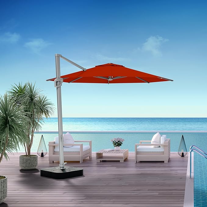 Midtown Umbrellas The Grande Round 10 FT Outdoor Cantilever Patio Umbrella w/Sunbrella Red Acrylic Fabric - 8 Rib Aluminum Frame Offset w/Tilt And 360° Rotate Pedal System - Silver Frame