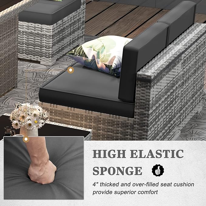 8 Pieces Patio Furniture Set with 44" Propane Gas Fire Pit Table, Outdoor Sectional Wicker Conversation Sofa Sets with Coffee Table