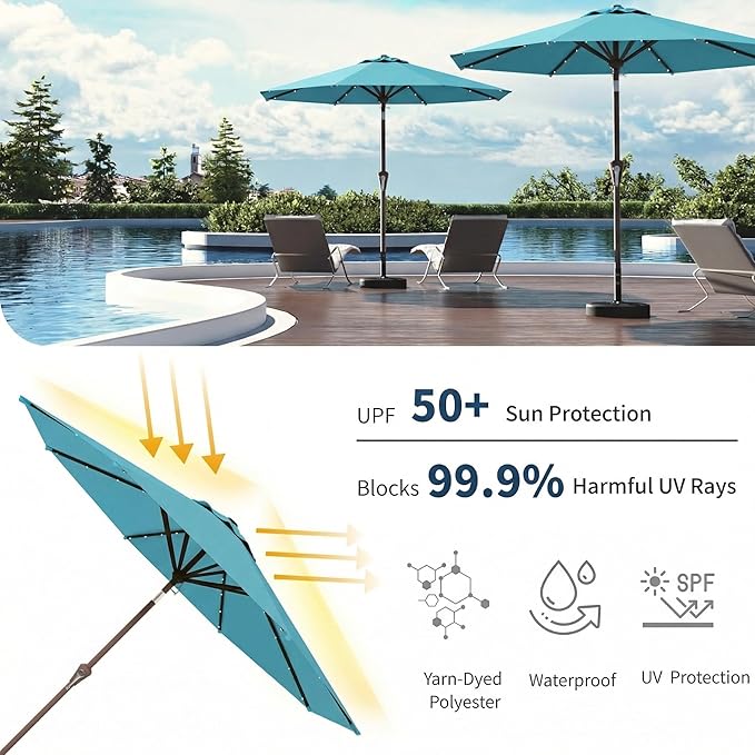 9FT Solar Umbrella 32 LED Lighted Patio Umbrella Table Market Umbrella w/Tilt and Crank, UV-Resistant Outdoor Umbrella for Pool, Garden, Deck, Sky Blue