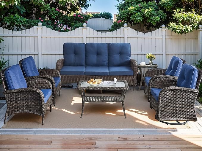 HUMMUH 7-Piece Outdoor Patio Furniture PE Wicker Patio Conversation Set,High Back Patio Couch with Coffee Tables Outdoor Chairs for Backyard,Porch,Deck