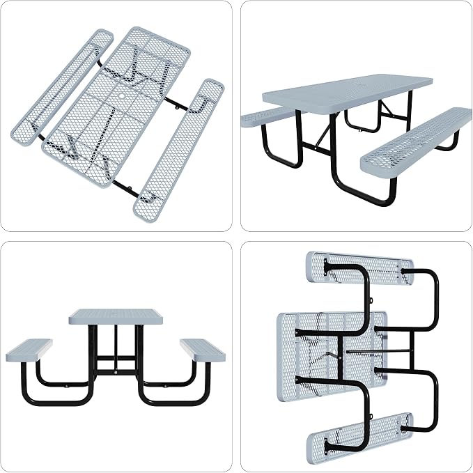 Picnic Tables for Outdoors,Commercial Metal Picnic Table Bench Set with Umbrella Hole,School Canteen Tables W/Seats - Heavy Duty Sturdy Picnic Tables Furniture for Patio Garden (Grey, 6FT)