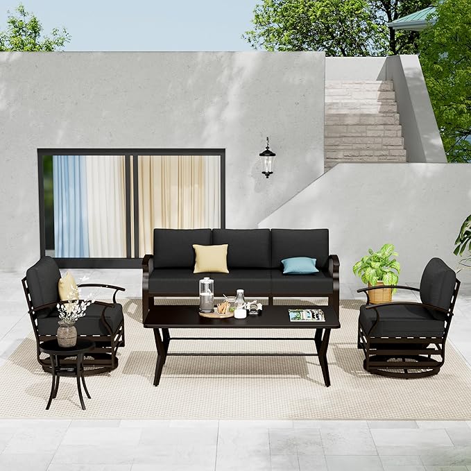 Aluminum Patio Furniture Set with Coffee Table,5 Seats Metal Modern Outdoor Furniture Set w/5.1" Thick Cushions,Patio Sectional w/Swivel Chairs for Backyard,Patio,Black