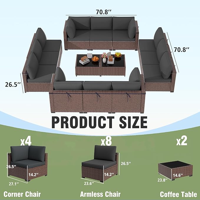 KIGOTY Patio Furniture Set,14 Pieces Modular Outdoor Sectional Sofa, PE Rattan Patio Conversation Set, All Weather Wicker Patio Furniture with Cushions and Coffee Table（Brown/Dark Grey）