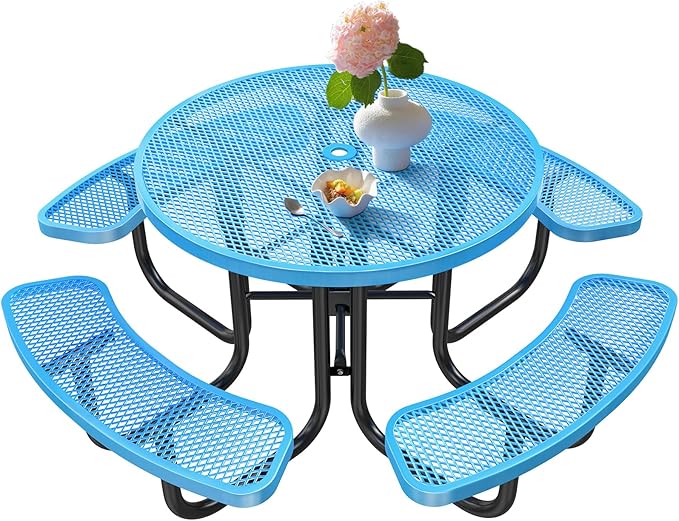46IN Circle Metal Picnic Table Set with Umbrella Hole and 4Benches for Outdoor, Expanded Heavy Duty Metal Commercial Grade Patio Dining Furniture for Yard Patio Lawn Party Coffee, Blue