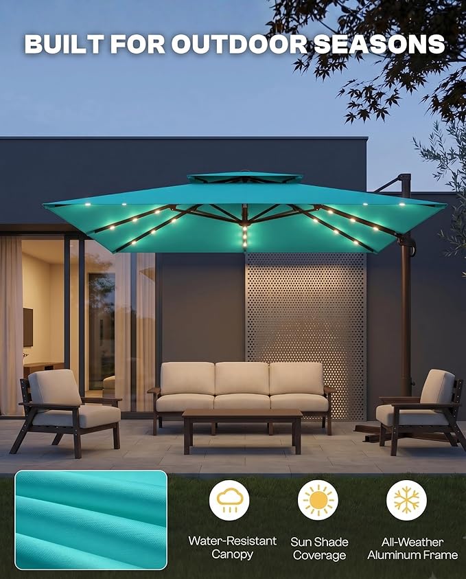 10FT Cantilever Patio Umbrella with Solar Lights, Large Outdoor 2 Tier Aluminum Offset Square Umbrellas 360 Degree Rotation for Garden Deck Pool