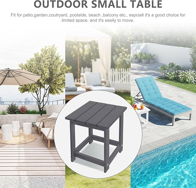 LZRS Patio End Table, Heavy Duty HDPE Outdoor Coffee Table with Wood Texture, Weatherproof Composite Table for Adirondack Chairs, Deck, Pool, Indoor/Outdoor, No Peeling or Cracking(Grey)