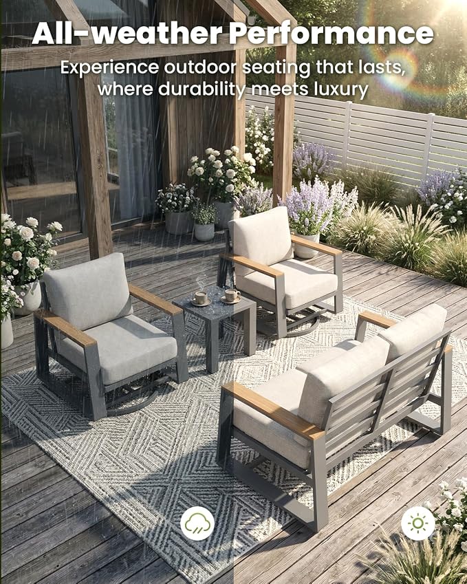 Aluminum Outdoor Patio Furniture Set, 4-Piece Patio Conversation Set with 5" Thick Cushions, Aluminum 360-Degree Large Outdoor Furntiure Set with Side Table and 3-Seat Sofa, Gray