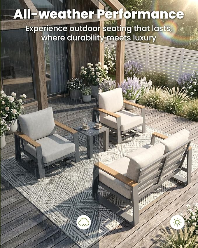Outdoor Swivel Patio Chairs Set of 3, Aluminum Large 3-Piece Outdoor Patio Conversation Furntiure Set with Side Table, Luxury Wider Seat & High Back Bistro Table and Chairs Set of 3, Gray