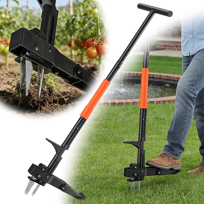 Weed Puller Tool with Long Handle, Stand Up Weeding Tool Gardening for Various Grass, Weed Remover Pulling Extractor Tool for Garden, Lawn, Yard , 4 Metal Claws with Foot Pedal Manual Weeders 43"