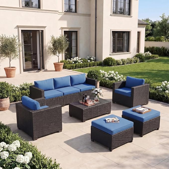 LazySunsets 6-Piece Outdoor Patio Furniture Set, Rattan Outdoor Sectional with Thick Waterproof Cushions, Wicker Ottomans & Waterproof Cover, Patio Conversation Set for Garden, Backyard, Navy Blue