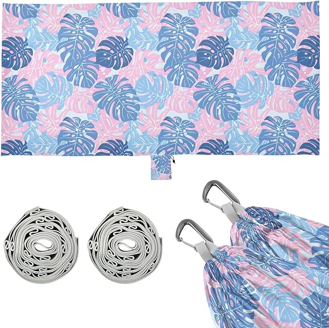 Camping Hammock Outdoor Hammocks for Outside Blue Pink Monstera Leaves Beach Trees Portable Lightweight with Pockets Tree Straps Indoor