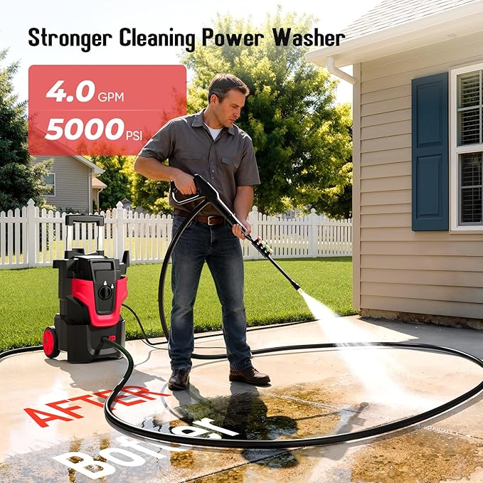 5000PSI Heavy Duty Pressure Washer, 3-Speed Adjustable Power Washer with 2-Stage Pull Rod, 4 Nozzles, Foam Cannon & 500ml Soap Bottle for Car, Home & Outdoor Cleaning,Red