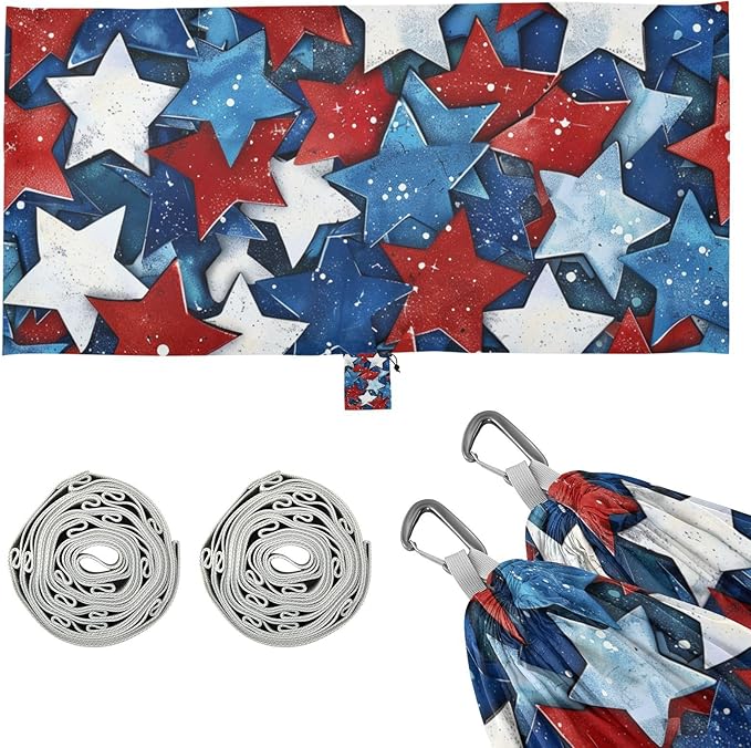 4th of July Independence Day Red and Blue Stars 330lb Capacity Hammocks for Camping with Hanging Rope Indoor Hammock for Outside Beach Patio Garden Base para hamacas para adultos