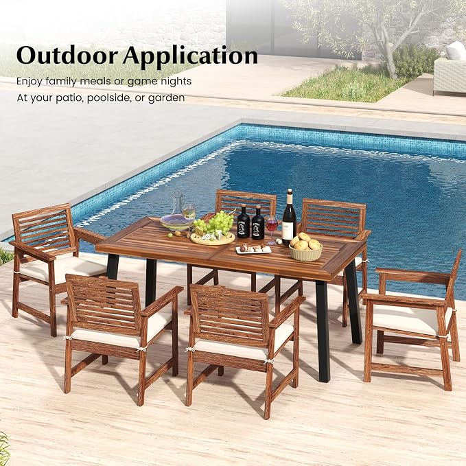 Tangkula 67.5 Inch Acacia Wood Outdoor Dining Table for 6, Patio Table with with Umbrella Hole & Metal Legs, Indoor & Outdoor Rectangular Table for Garden Park Poolside Porch