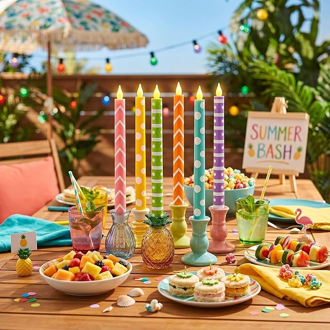 Honoson 6 Pcs Mother's Day Flameless Taper Candles 10.6 Inch Colorful Geometric Candles Battery Operated LED Candlesticks for Summer Dinner Table Home Party Decor