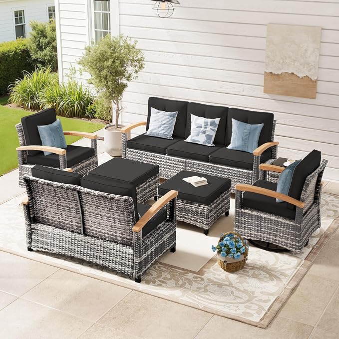 MEISSALIVVE 7 Pieces Outdoor Patio Furniture Sets, Wicker Patio Conversation Sets with 2 Wood Armrests Swivel Glide Chairs, Outdoor Couch for Deck Yard and Poolside (Black)