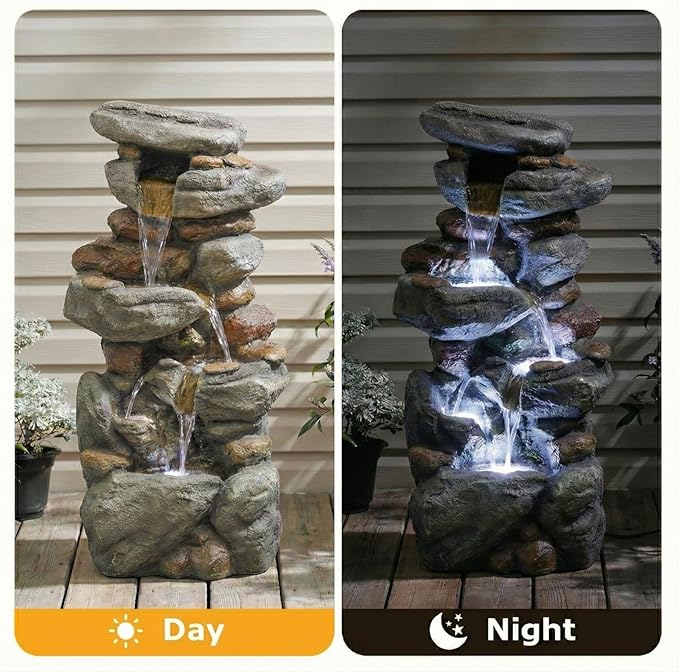 Outdoor Water Fountain Large 30'' - Resin Waterfall Fountain with LED Light, 5-Tiers Cascading Rock Outdoor Water Fountain for Patio, Yard, Garden, Backyard, Decking with Natural Stone Look