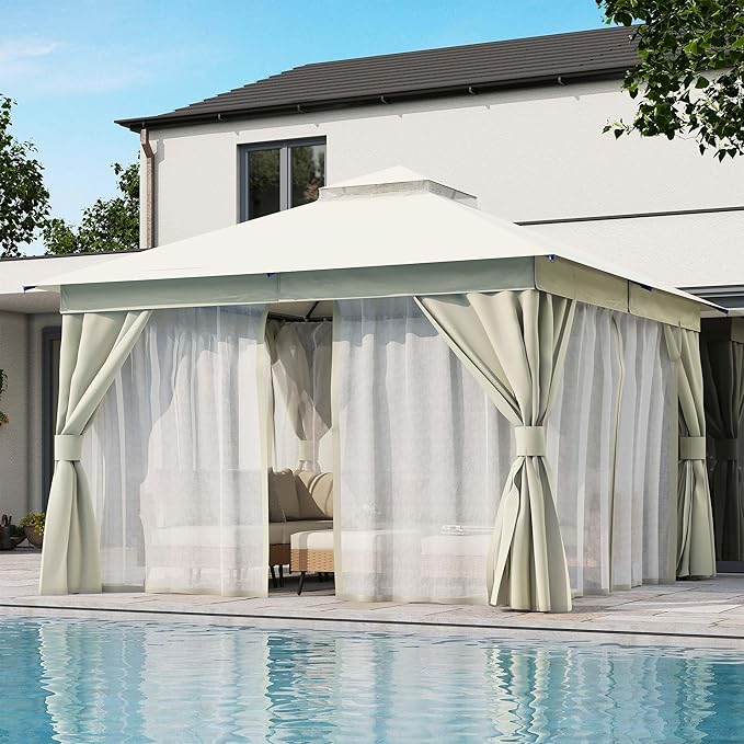 LAUSAINT HOME 12'x12' Outdoor Gazebo, Metal Frame Heavy Duty Patio Canopy Tent Shelter with Double Roofs, Mosquito Nettings and Privacy Screens for Backyard, Garden, Lawn, Cream White