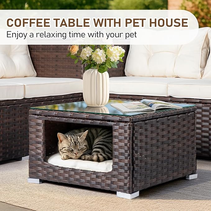 VINGLI 4 Pieces Outdoor Sectional Wicker Patio Furniture Set, Patio Sectional Sofa with Hidden Storage Outdoor Conversation Set, Glass Top Coffee Table for Backyard, Pool, Garden(Brown)