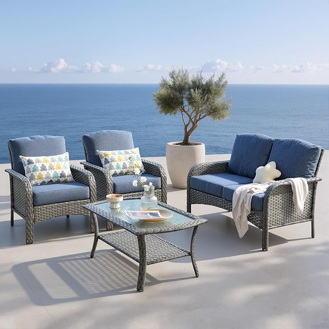 4-Piece Patio Furniture Set, Outdoor Wicker Furniture with Coffee Table, All Weather High Back Loveseat Patio Chairs, Modern Rattan Outdoor Chairs Conversation Set for Porch, Garden,Denim Blue