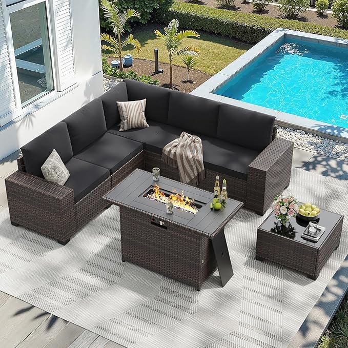 Soohow 7-Piece Patio Furniture Set with 44" Fire Pit Table, Outdoor Sectional Wicker Rattan Conversation Set for Garden, Porch, Backyard - Black Cushions