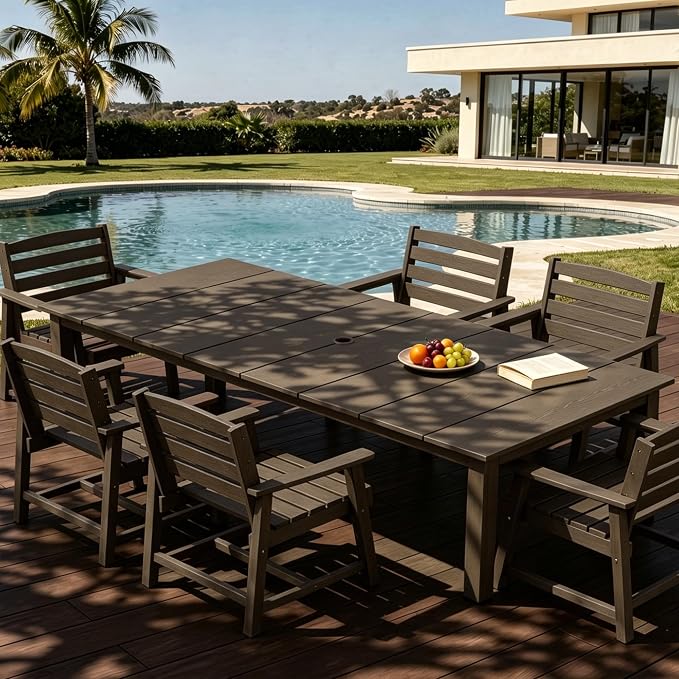 AreShark 7-Piece Outdoor Dining Set,HDPE Patio Table with 6 Armchairs,All-Weather Patio Furniture Set with Umbrella Hole,Low Maintenance Wood Grain Dining Set for Backyard,Garden,Poolside,Black